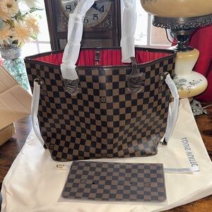 Brown Checker Tote Bag with Red Interior - Classic Everyday Carry